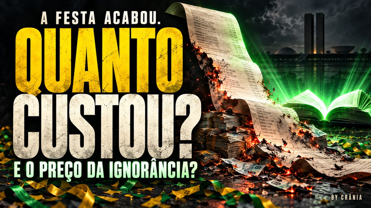 A festa acabou. Quanto custou? E o preço da ignorância? Uma conta em chamas contrasta com um livro iluminado.